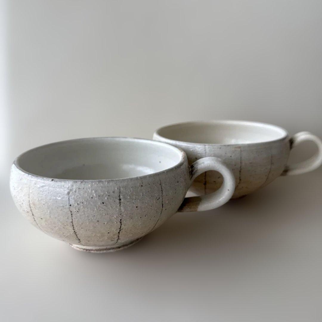 古谷製陶所◇たて鉄線 手付きスープカップ 2個セット　古谷浩一さん