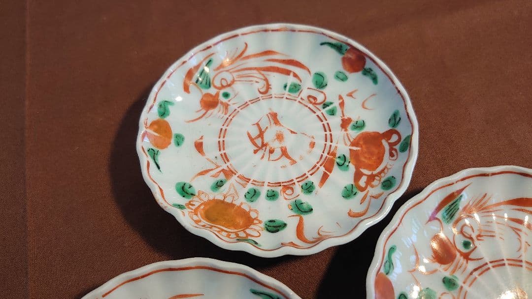 赤絵　李朝　古玩　春日山窯　九谷焼　呉須赤絵　豆皿　鑑賞陶器　蔵出し　３客