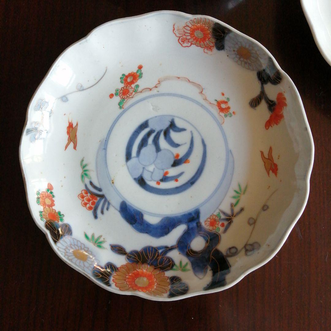 古伊万里　染付錦中皿　3枚　19cm　江戸後期～明治初期