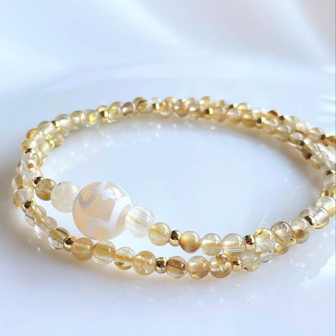 【宝瓶天珠】白玉髄 タイチンルチルクォーツひと粒天珠の2重ブレス 高品質