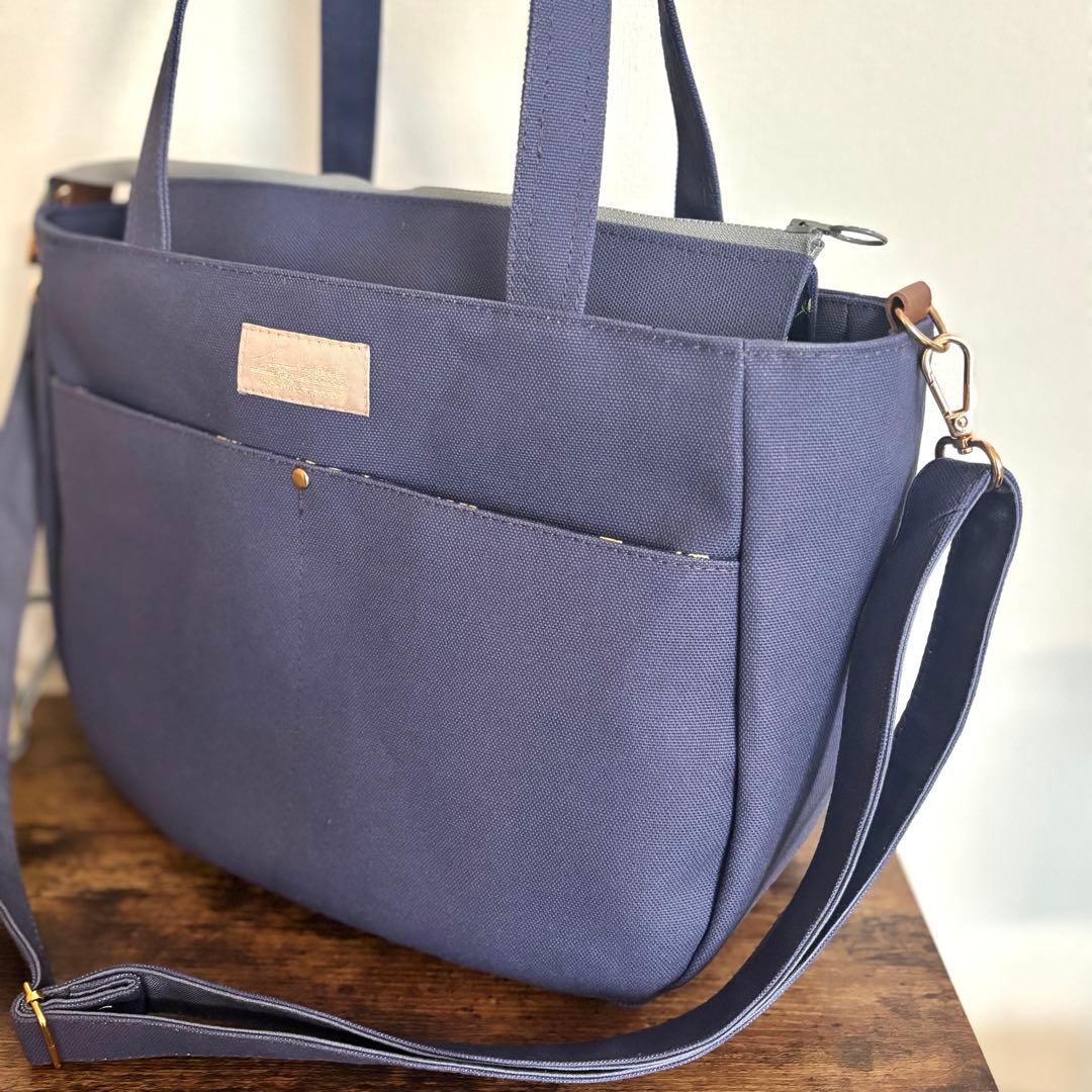 倉敷8号帆布ラウンドトートバッグL パープルブルー×ミモザ柄　ファスナー開閉