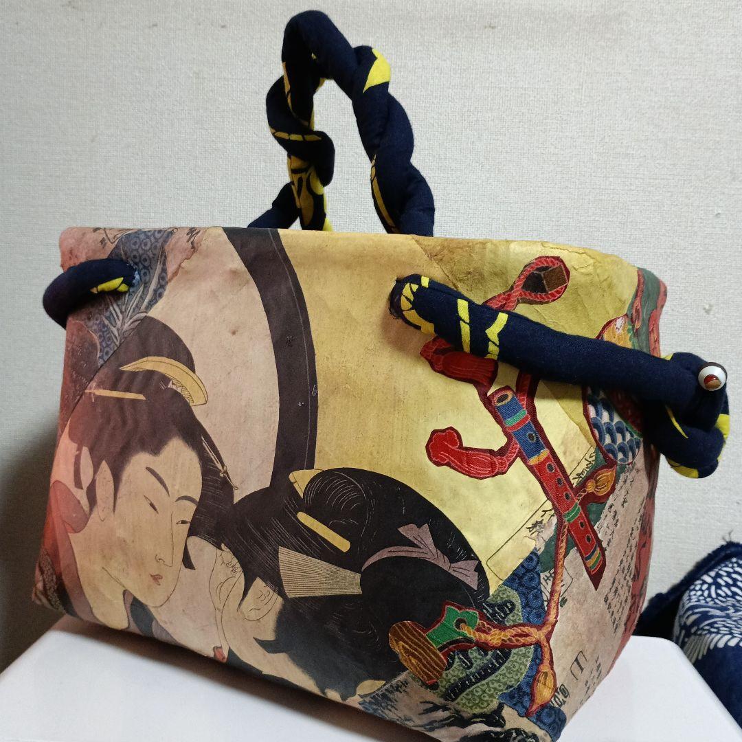 ■世界にひとつ■　一閑張り　和風浮世絵デザインのかごバッグ　柿渋仕上げ　大きめ