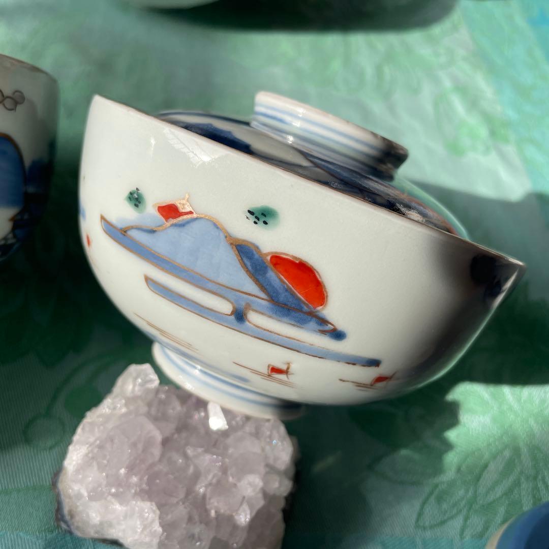 古伊万里　染付　金彩　山水図　蓋付ご飯茶碗　5客