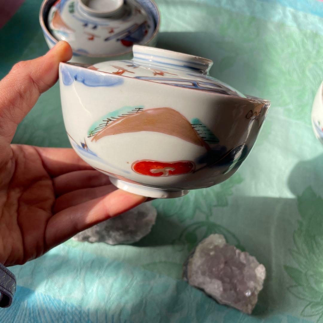 古伊万里　染付　金彩　山水図　蓋付ご飯茶碗　5客