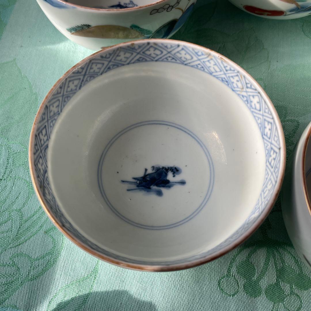 古伊万里　染付　金彩　山水図　蓋付ご飯茶碗　5客