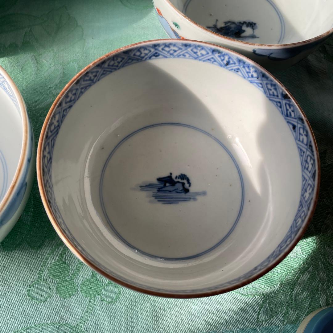 古伊万里　染付　金彩　山水図　蓋付ご飯茶碗　5客