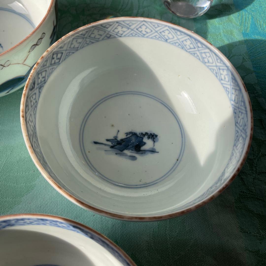 古伊万里　染付　金彩　山水図　蓋付ご飯茶碗　5客