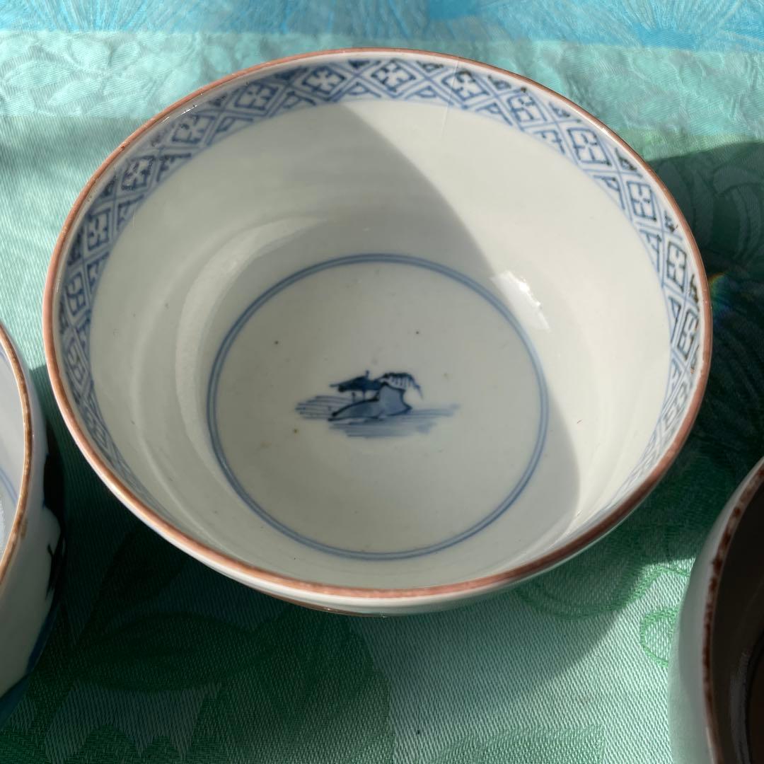 古伊万里　染付　金彩　山水図　蓋付ご飯茶碗　5客