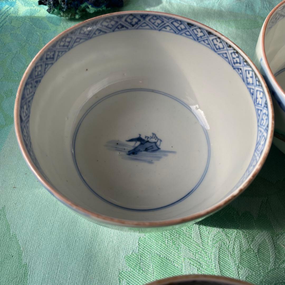 古伊万里　染付　金彩　山水図　蓋付ご飯茶碗　5客