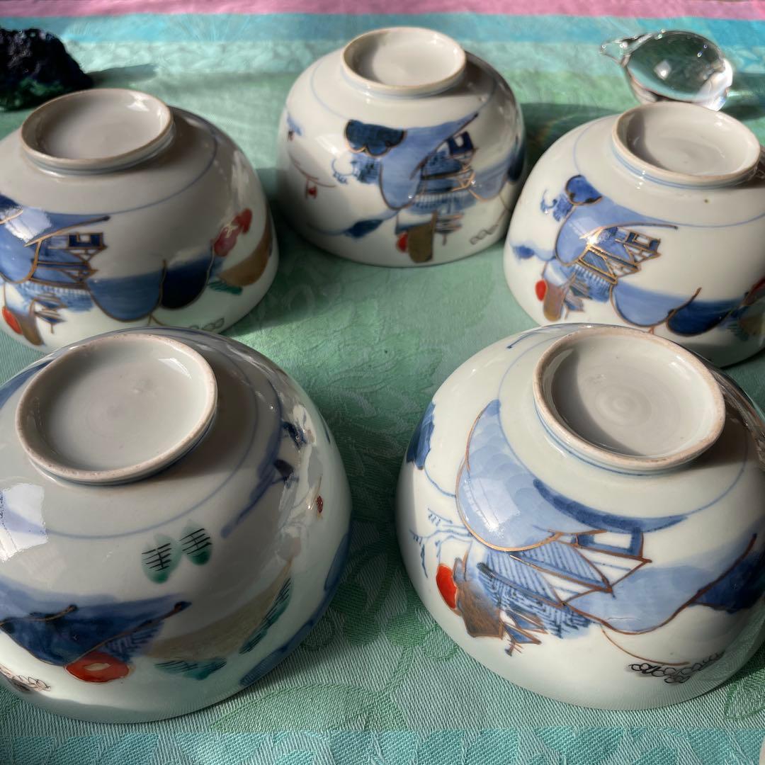 古伊万里　染付　金彩　山水図　蓋付ご飯茶碗　5客
