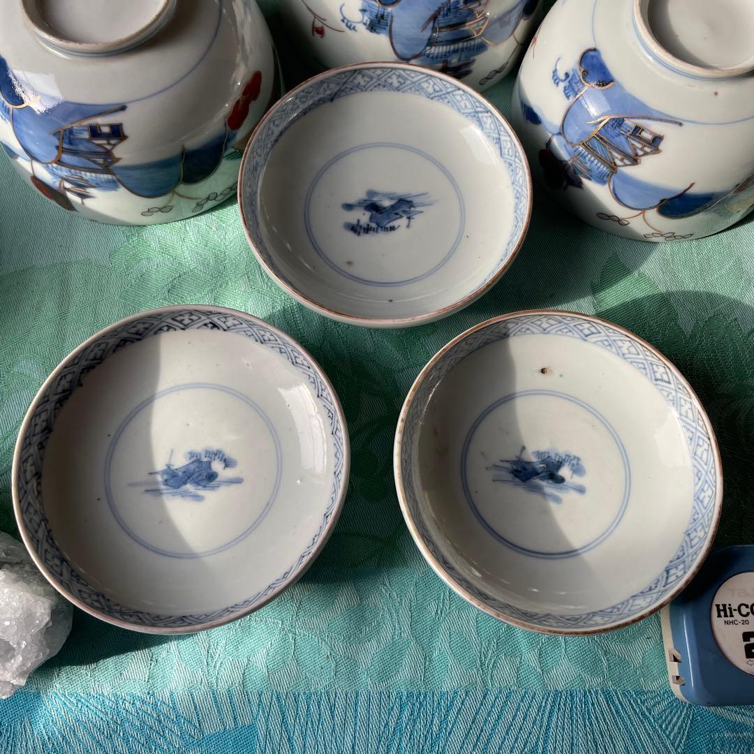 古伊万里　染付　金彩　山水図　蓋付ご飯茶碗　5客