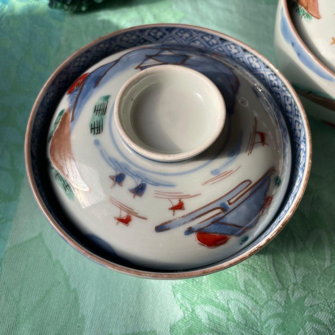 古伊万里　染付　金彩　山水図　蓋付ご飯茶碗　5客