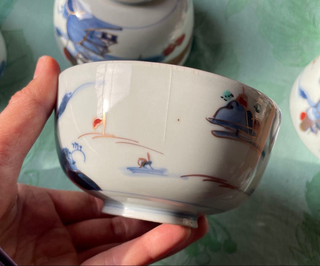 古伊万里　染付　金彩　山水図　蓋付ご飯茶碗　5客