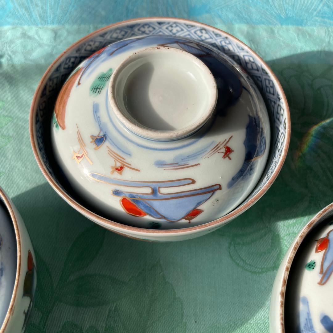 古伊万里　染付　金彩　山水図　蓋付ご飯茶碗　5客