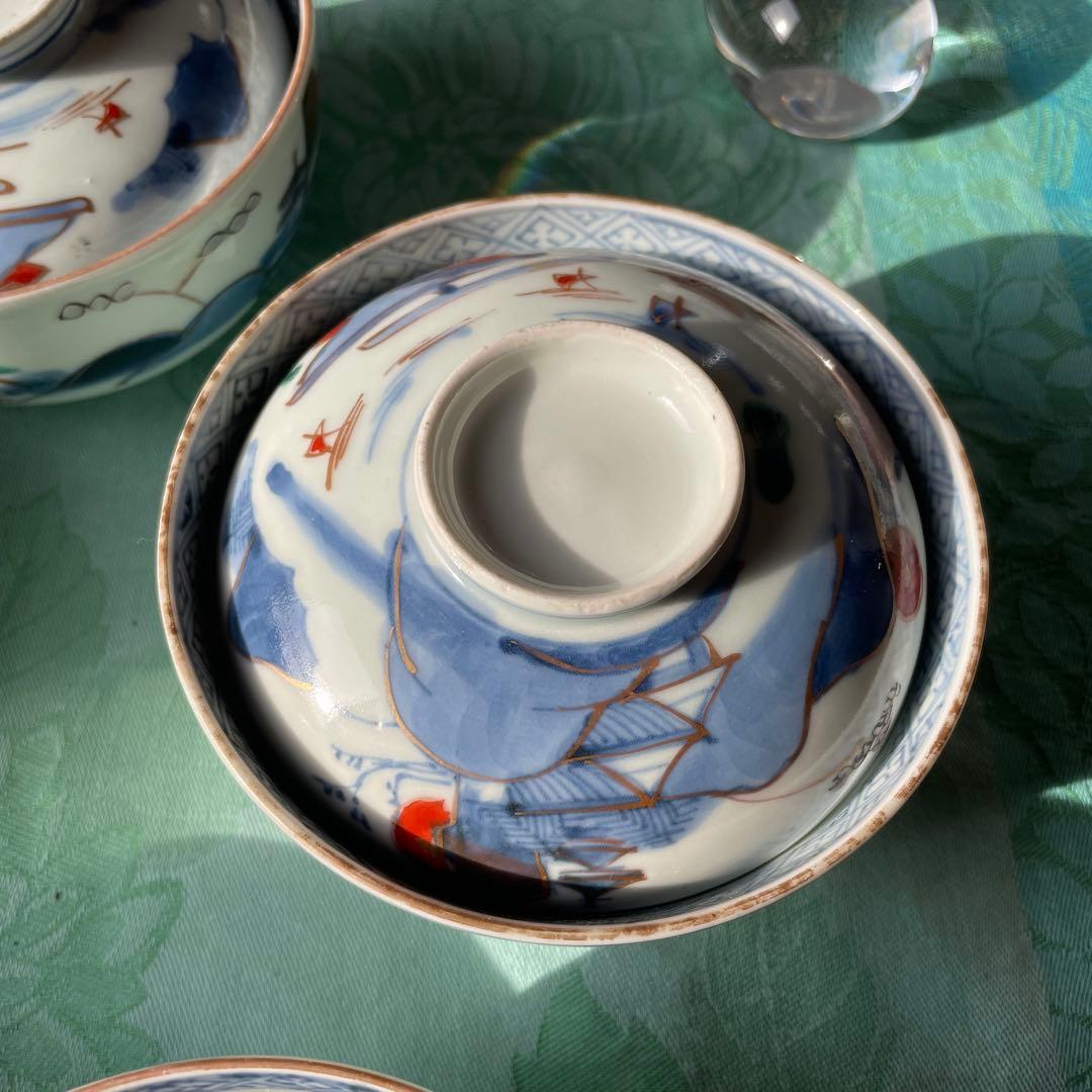古伊万里　染付　金彩　山水図　蓋付ご飯茶碗　5客