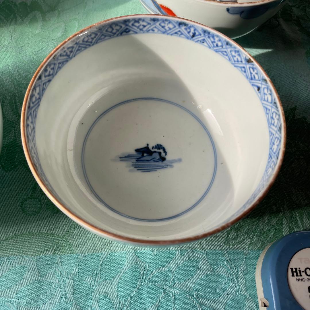 古伊万里　染付　金彩　山水図　蓋付ご飯茶碗　5客