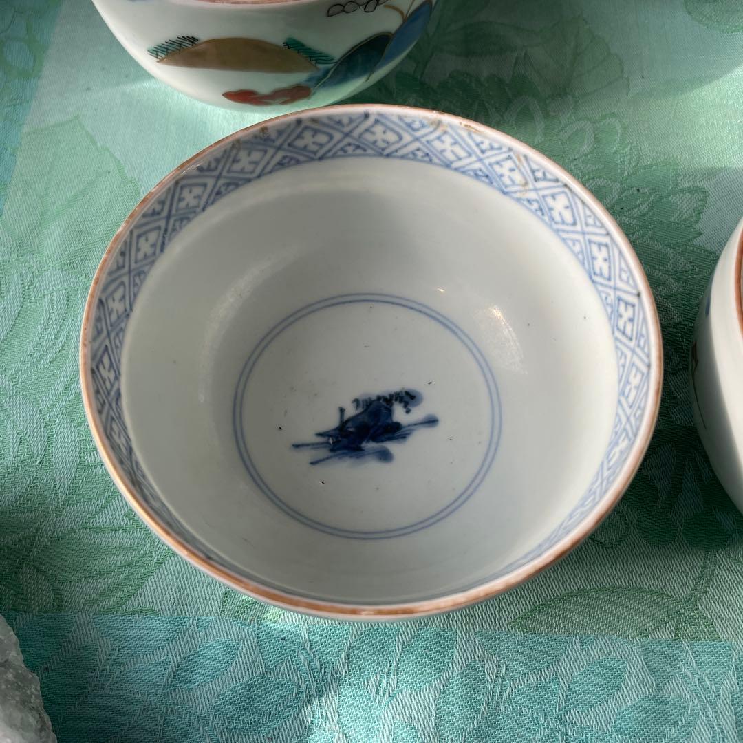 古伊万里　染付　金彩　山水図　蓋付ご飯茶碗　5客