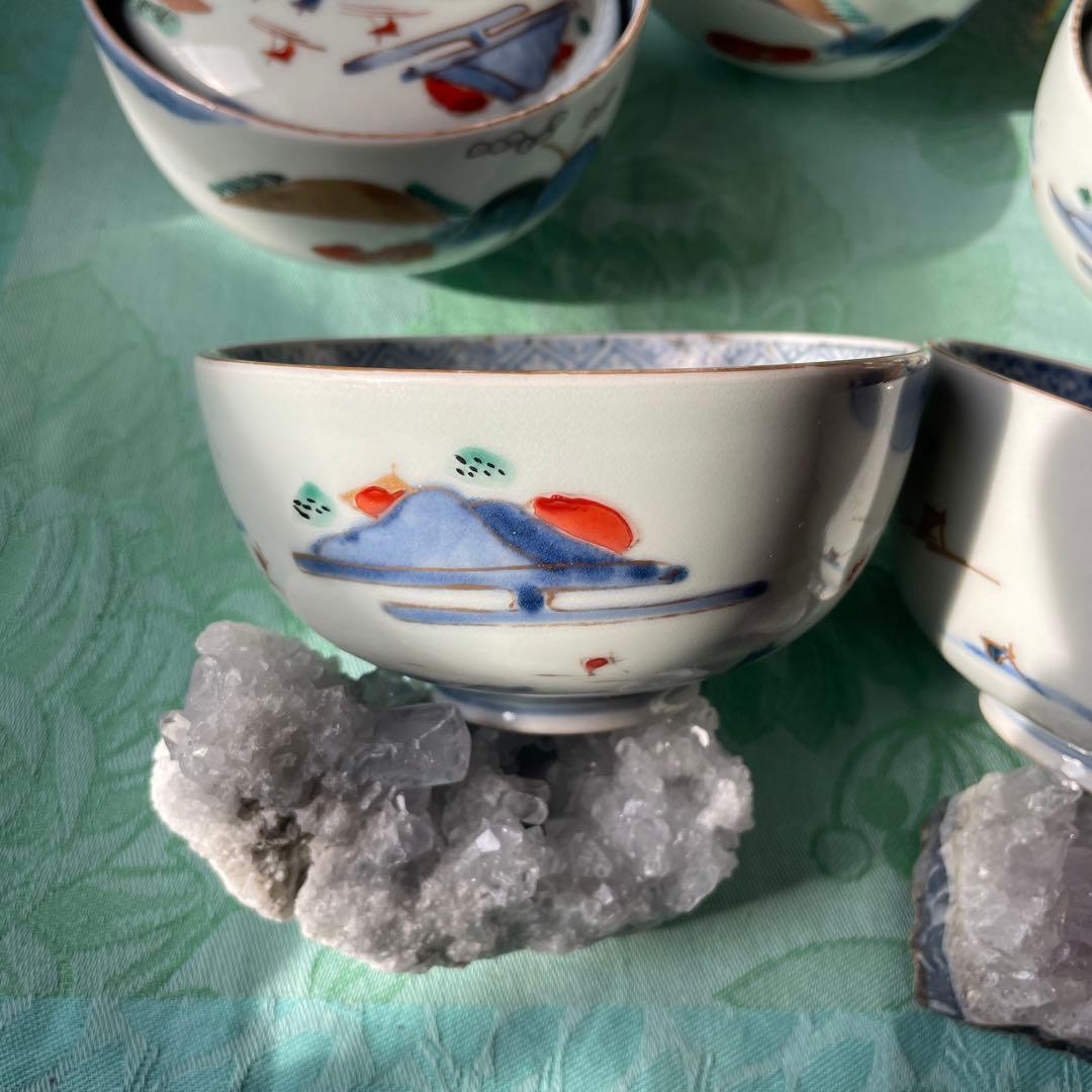 古伊万里　染付　金彩　山水図　蓋付ご飯茶碗　5客