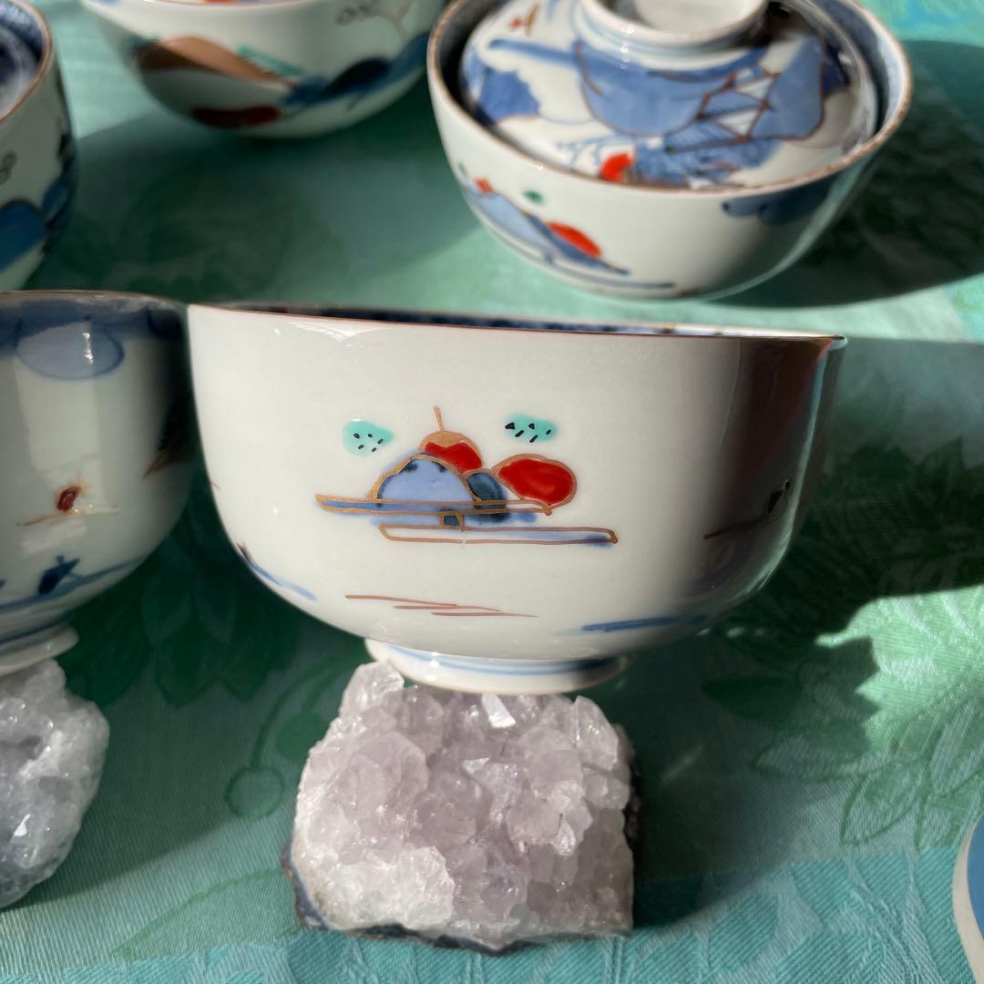 古伊万里　染付　金彩　山水図　蓋付ご飯茶碗　5客