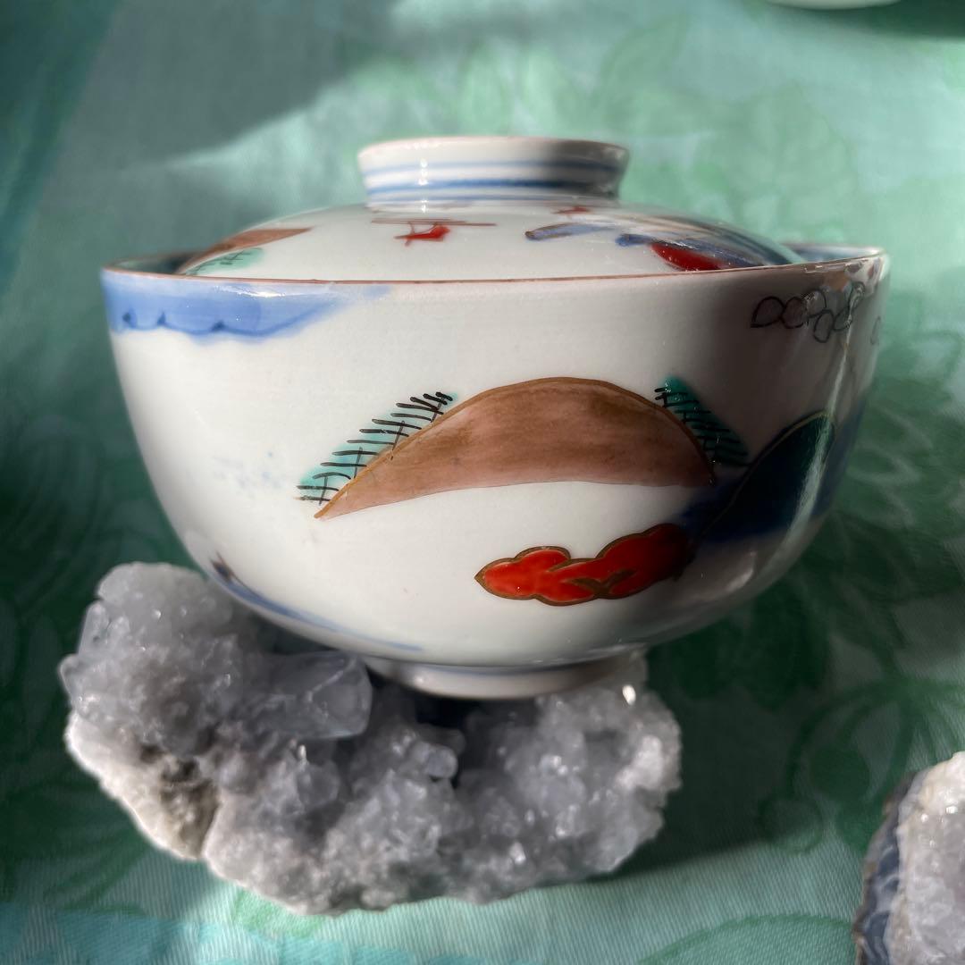 古伊万里　染付　金彩　山水図　蓋付ご飯茶碗　5客