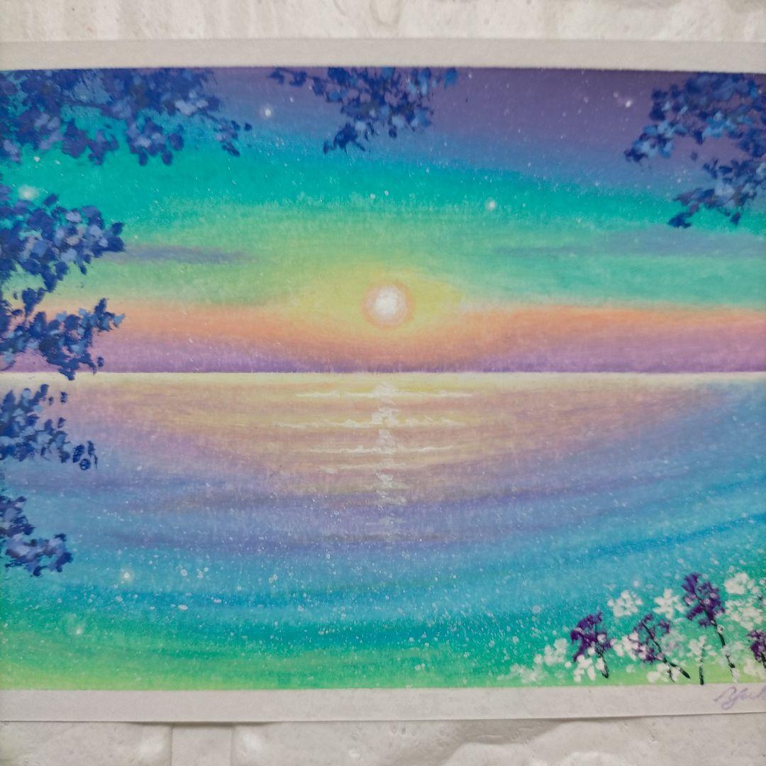 幻想的な海の風景画 お花畑 オイルパステル画原画 ハガキサイズ 絵画 #127