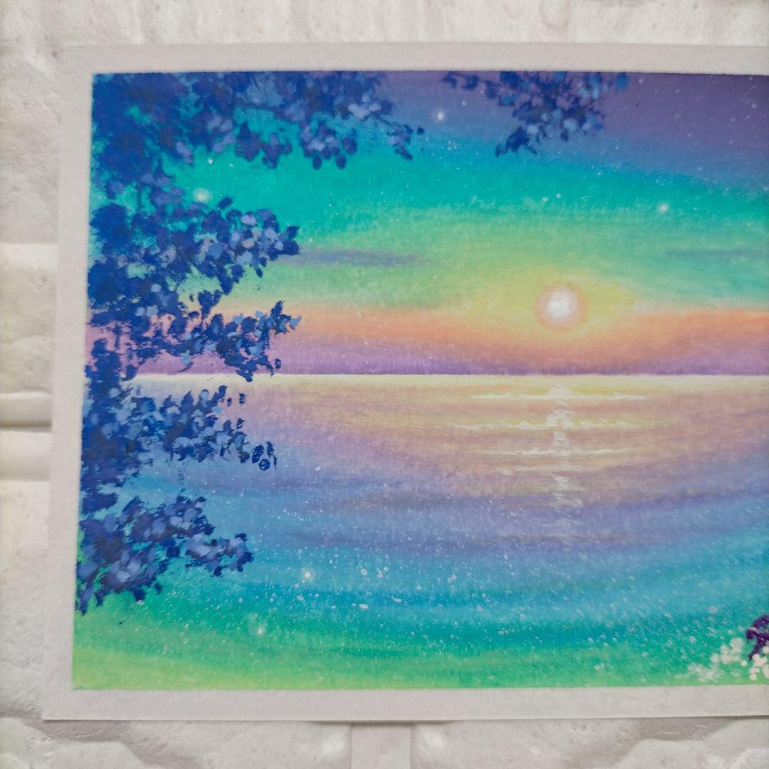幻想的な海の風景画 お花畑 オイルパステル画原画 ハガキサイズ 絵画 #127