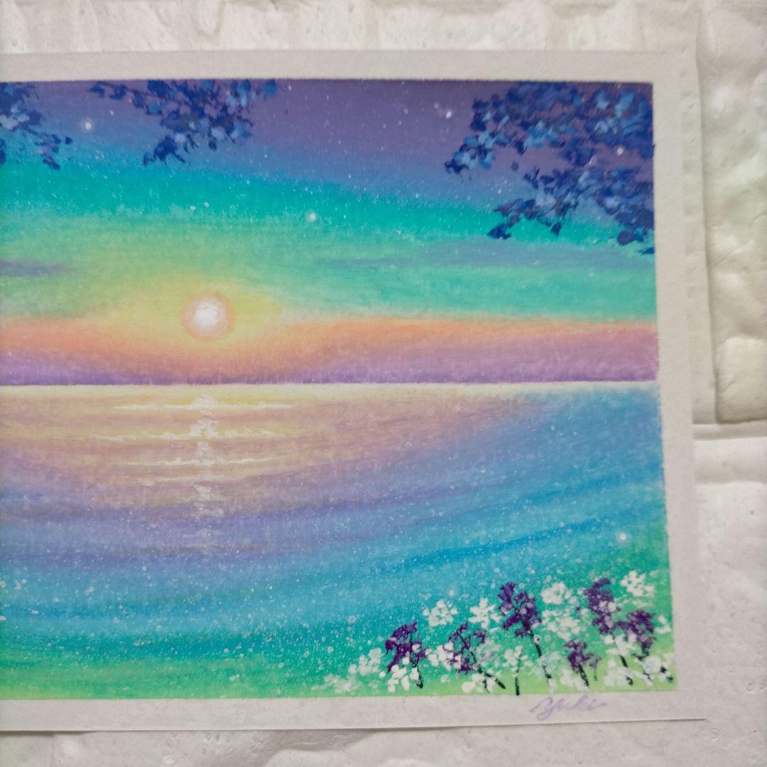 幻想的な海の風景画 お花畑 オイルパステル画原画 ハガキサイズ 絵画 #127