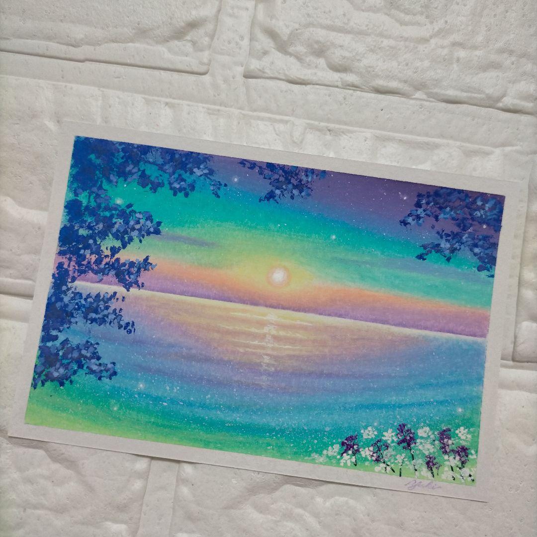 幻想的な海の風景画 お花畑 オイルパステル画原画 ハガキサイズ 絵画 #127