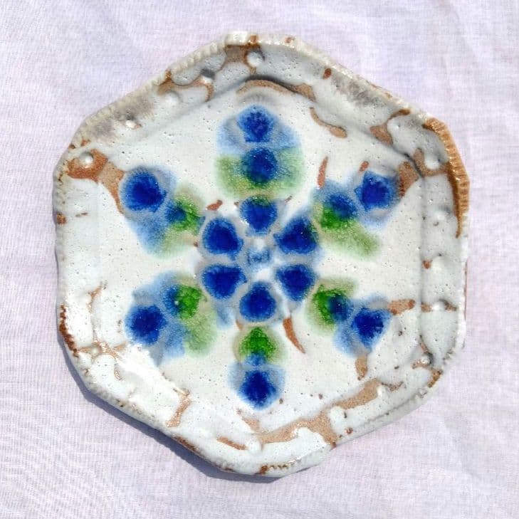 青緑ガラス釉 貝文六角大皿 長石釉