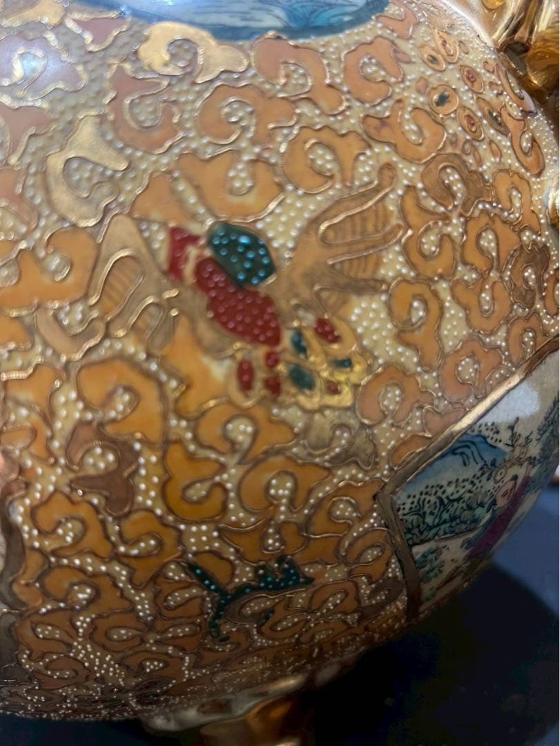 薩摩焼 金襴手色絵金彩 着物美人唐子風景窓絵付 獅子耳大香炉 香炉 アンティーク