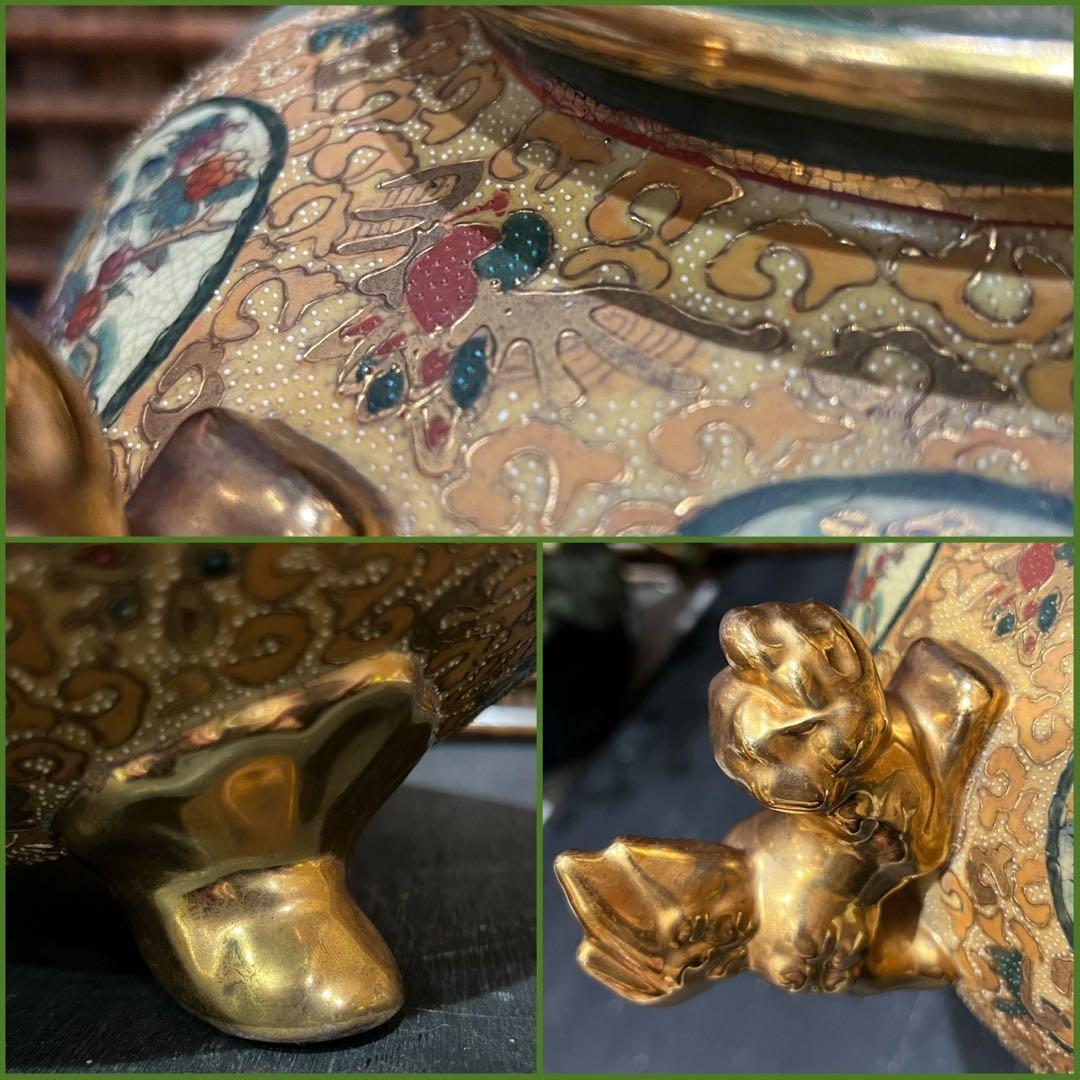 薩摩焼 金襴手色絵金彩 着物美人唐子風景窓絵付 獅子耳大香炉 香炉 アンティーク