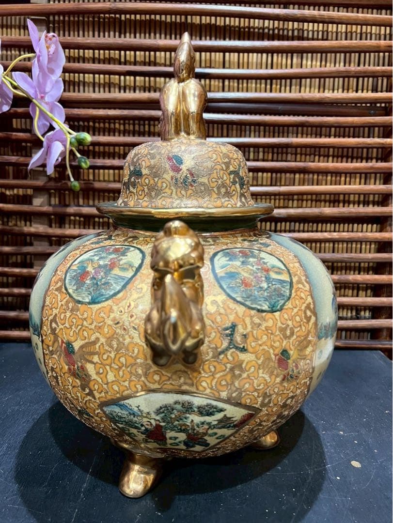 薩摩焼 金襴手色絵金彩 着物美人唐子風景窓絵付 獅子耳大香炉 香炉 アンティーク