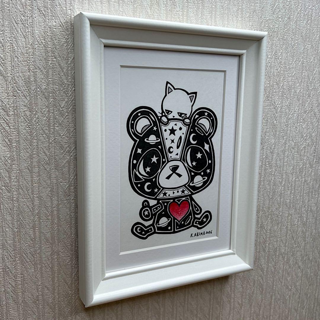 動物 原画 絵 手描き 癒し くまさん 猫 一点物 額縁付き 『ぬいぐるみの心』