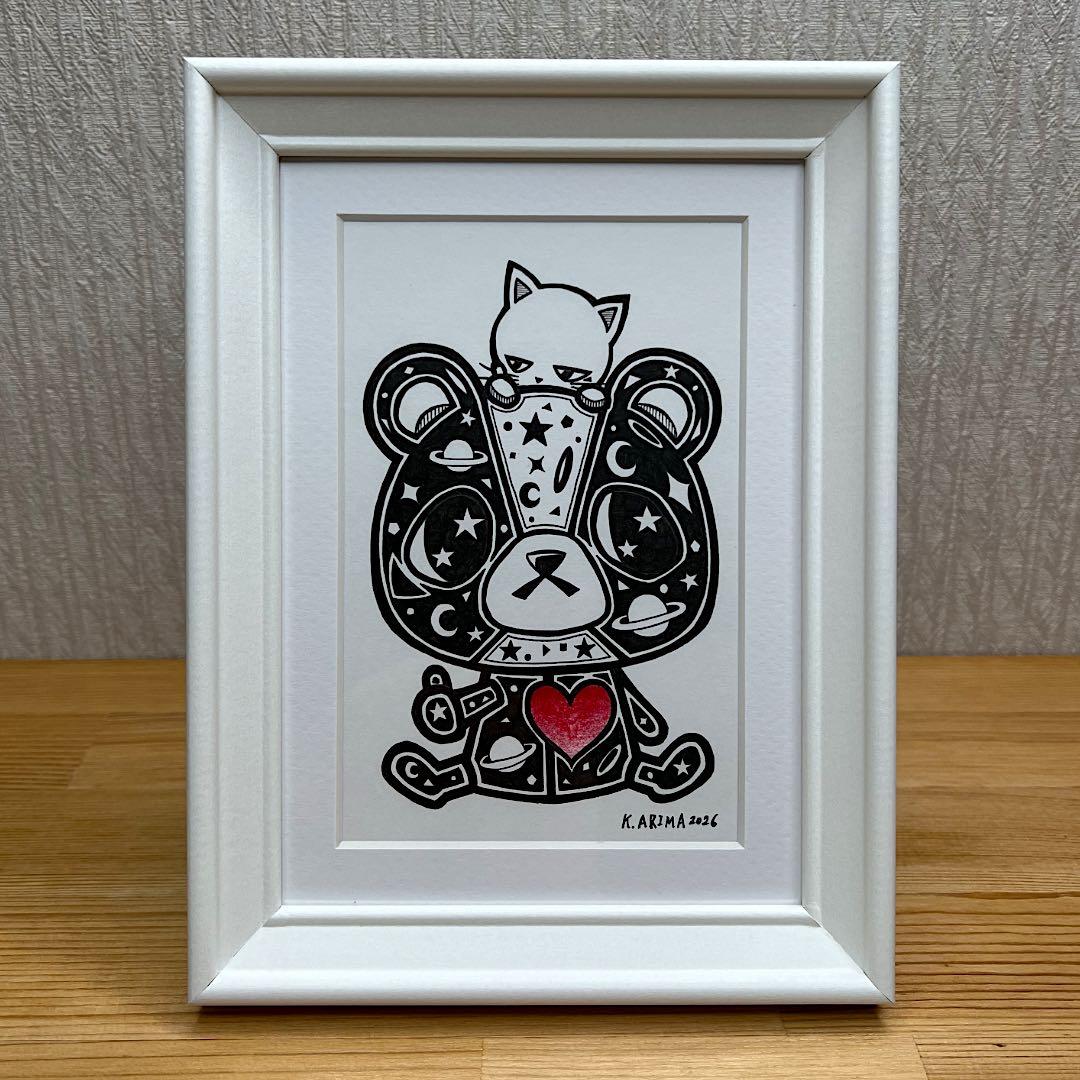 動物 原画 絵 手描き 癒し くまさん 猫 一点物 額縁付き 『ぬいぐるみの心』
