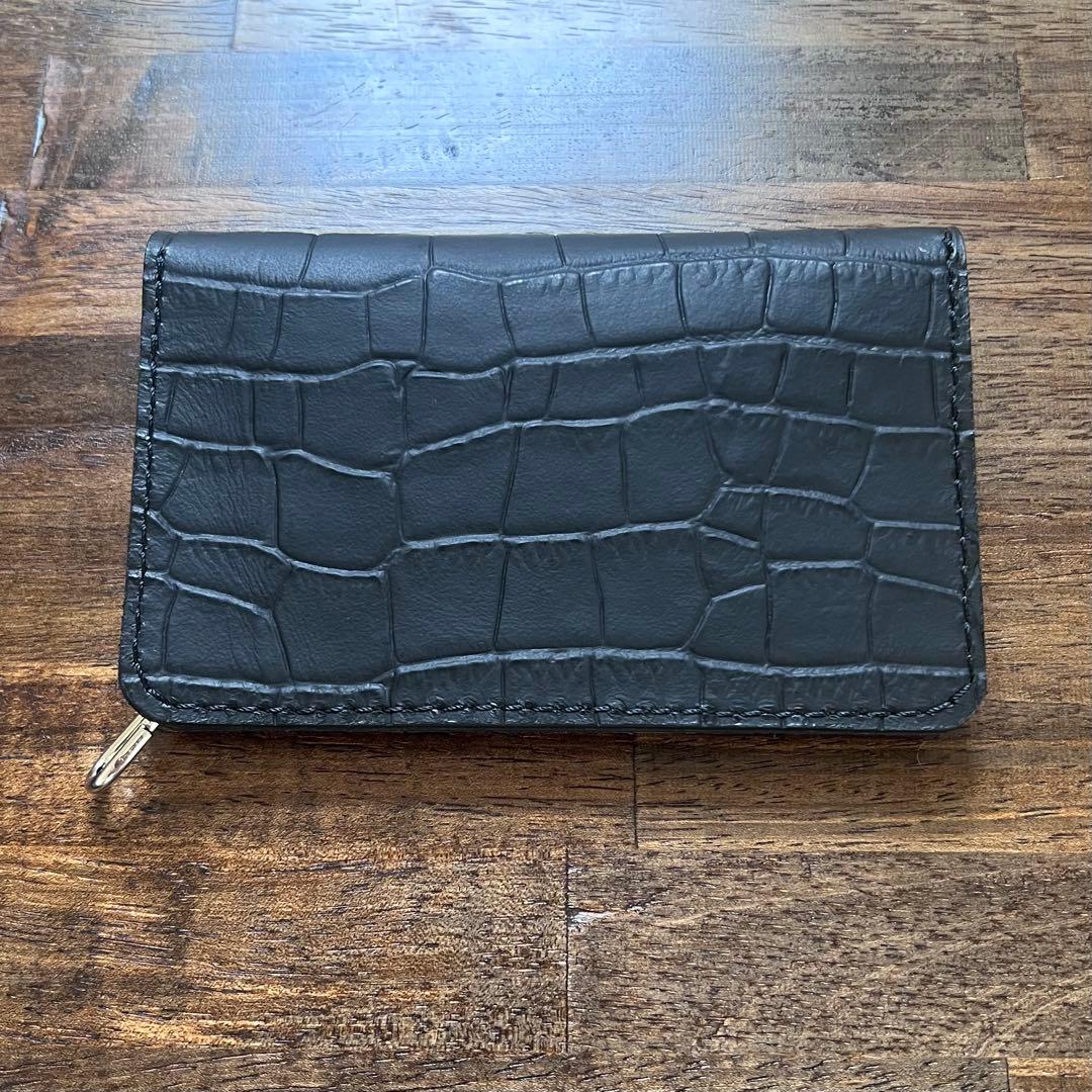 牛革 トラッカーウォレット ミドル 黒 マットブラック クロコ型押し シルバー