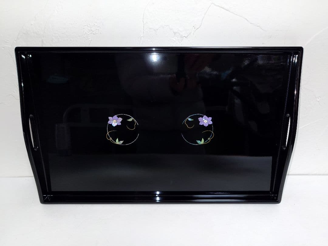 【未使用品】木製 高岡漆器 尺6長手盆 花丸 鉄仙 貝入 トレー 伝統工芸