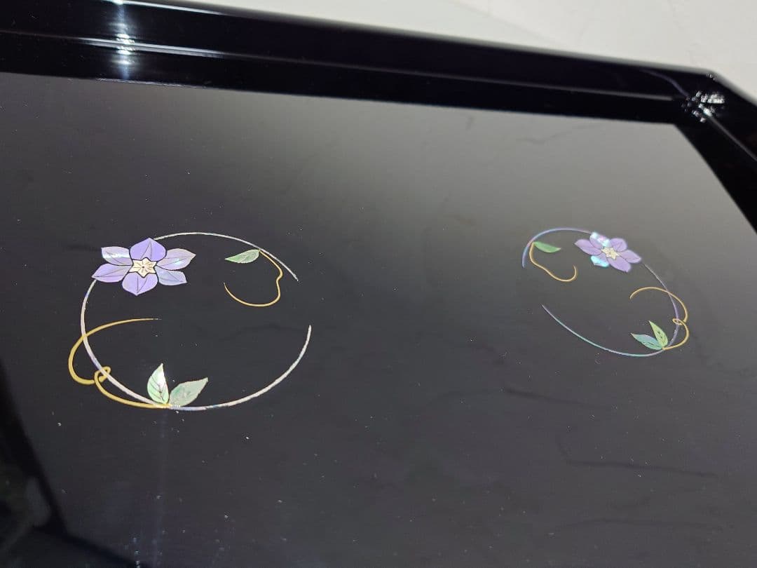 【未使用品】木製 高岡漆器 尺6長手盆 花丸 鉄仙 貝入 トレー 伝統工芸