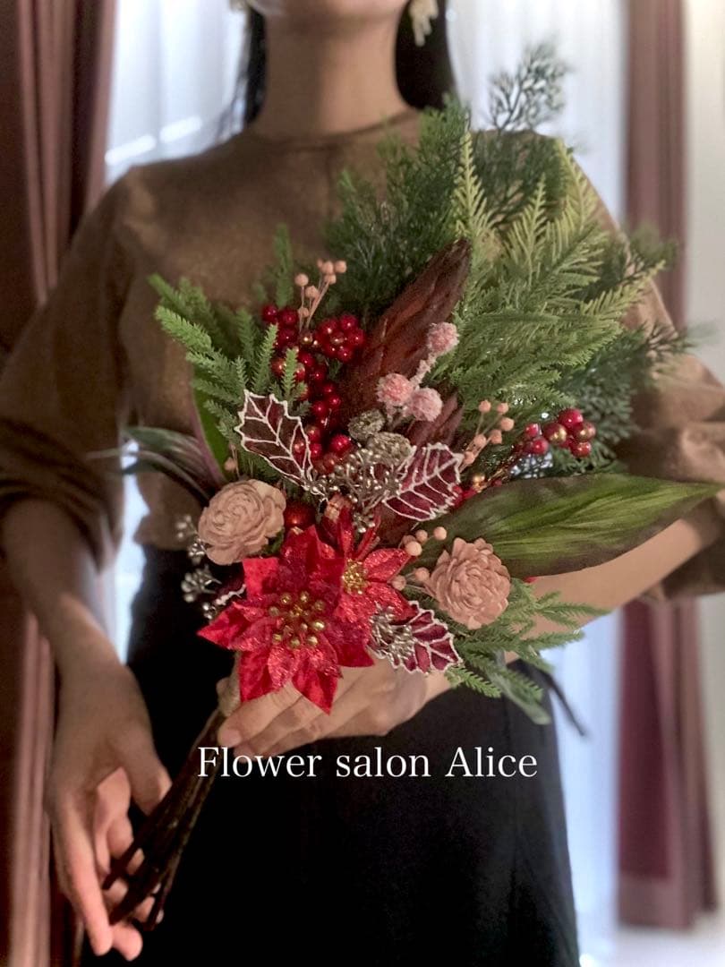 クリスマススワッグ　花束　グリーン　赤　玄関　ポインセチア　✴︎ナチュラルレッド✴︎