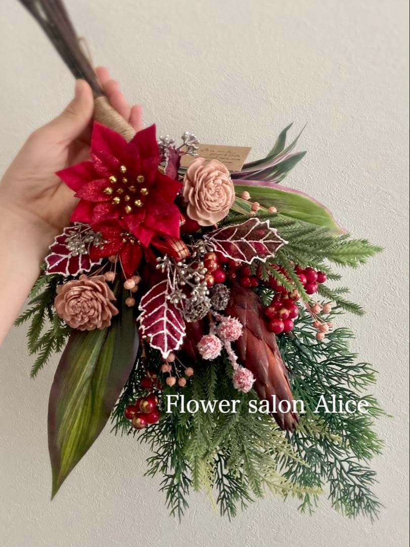 クリスマススワッグ　花束　グリーン　赤　玄関　ポインセチア　✴︎ナチュラルレッド✴︎