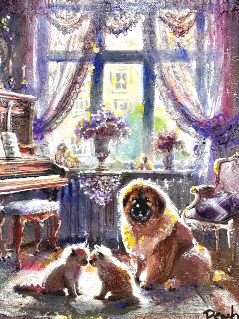 絵画原画《アメジストの守護音》ピアノのある室内の絵　守護犬天然石collage