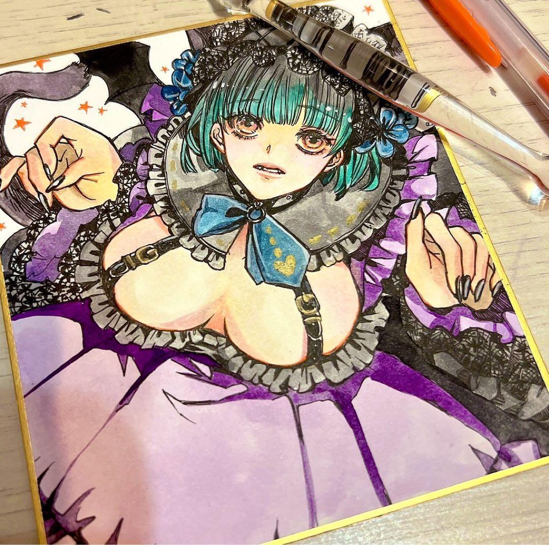 手描きイラスト オリジナル ゴスロリ メイド 猫耳 女の子 ミニ色紙