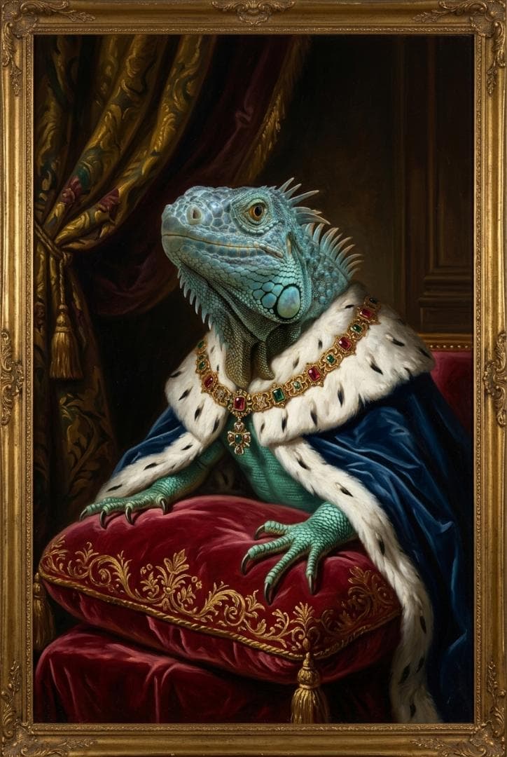 イグアナ（ブルーイグアナ）のルネサンス風肖像画 A3額装インテリア壁掛け