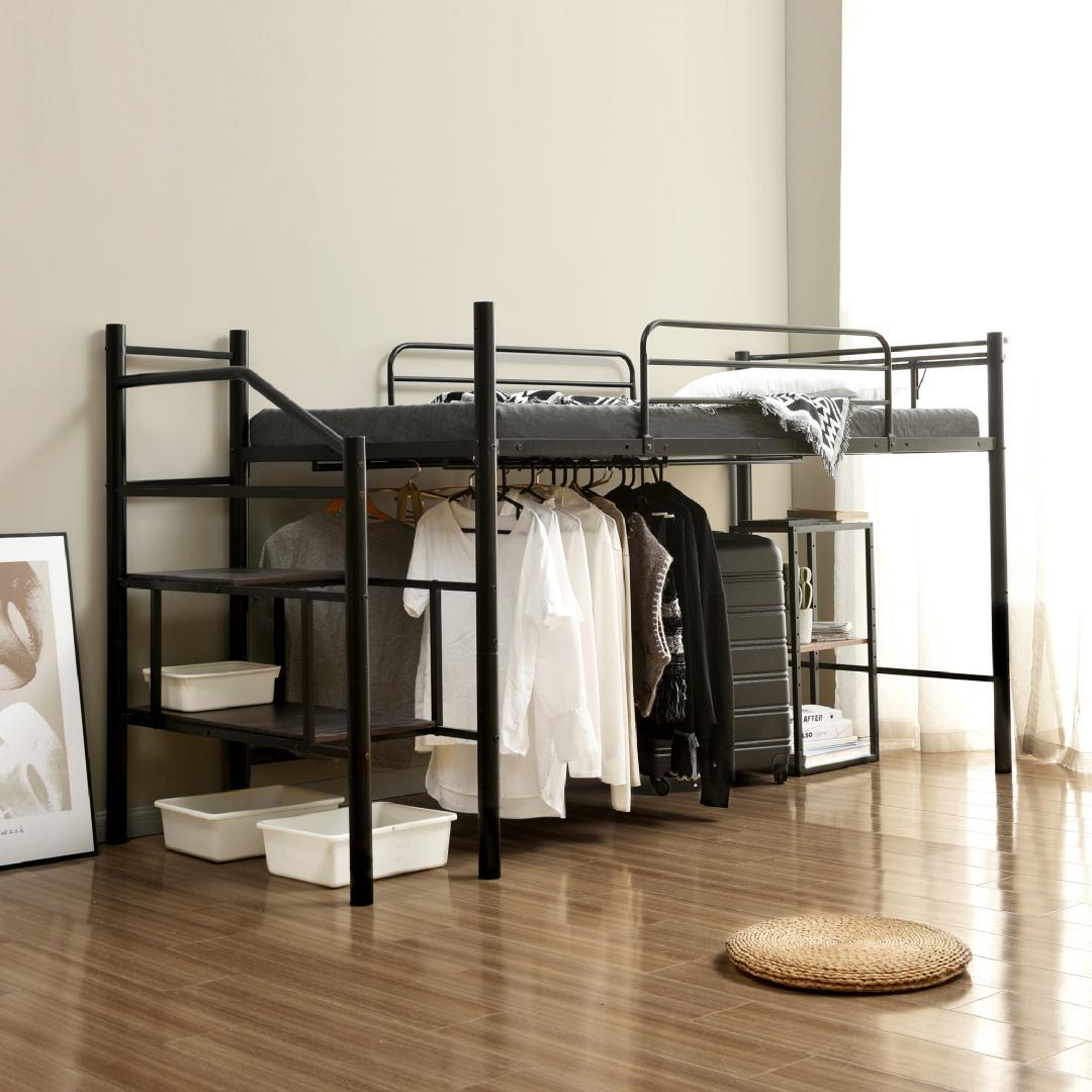 【パイプ床板・シングル】ロフトベッド 耐荷重150kg 北欧風 大人 BLACK