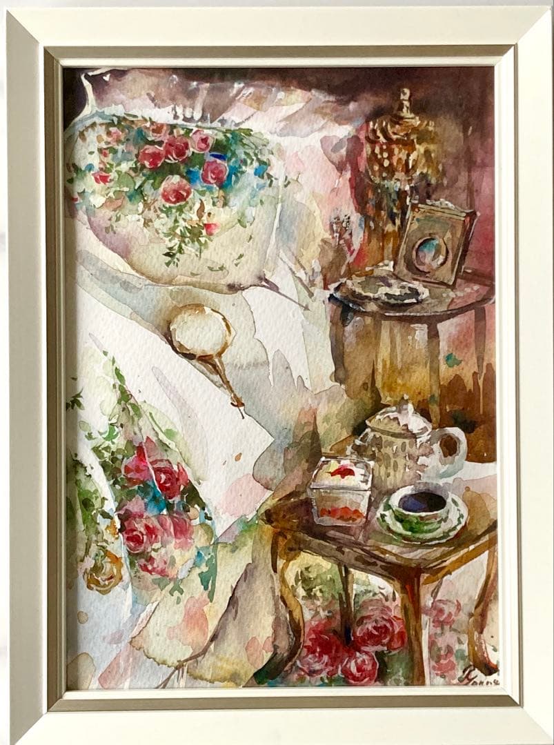 水彩画 原画 花柄のベッドシーツ