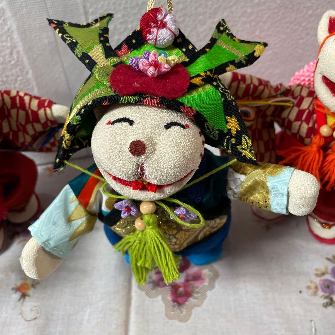 ハンドメイド チリメン、古布ぶす姫、笑猫の人形3体セット