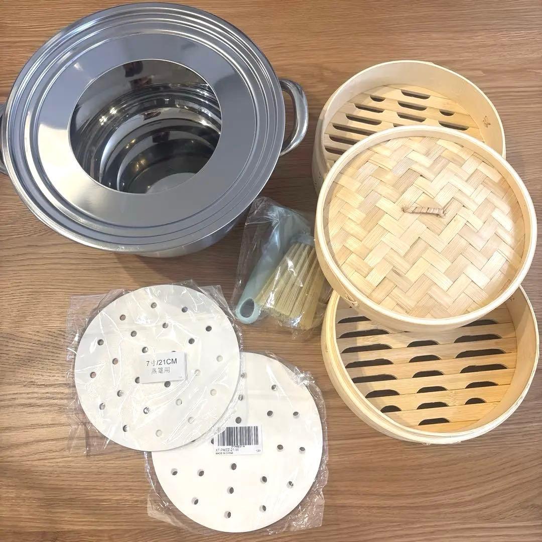 【新品未使用※】鍋とせいろセット 21cm せいろ紙50枚、蒸し板　お手入ブラシ