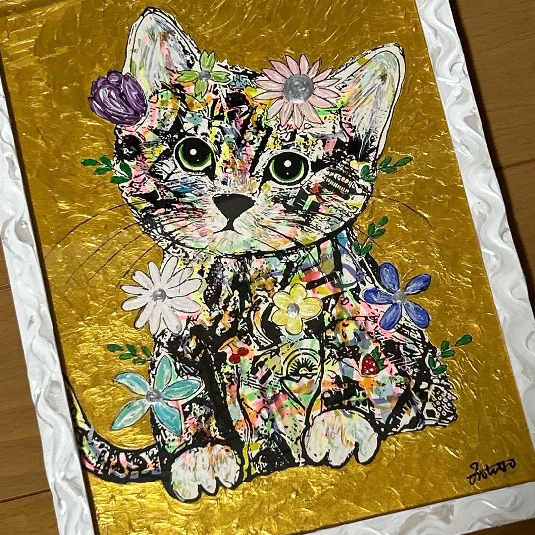 ア*?様 手作り額付きシルクスクリー ン応用絵画 作品「天晴ニャンコ」 猫イラス