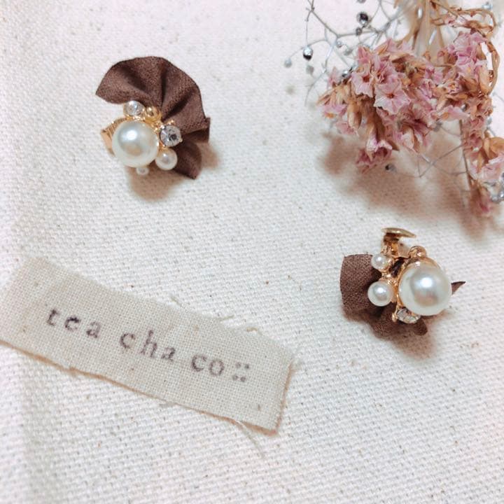 ブラウンパールパーティーイヤリング＊ビジューおしゃれ可愛いインスタ結婚式高見え