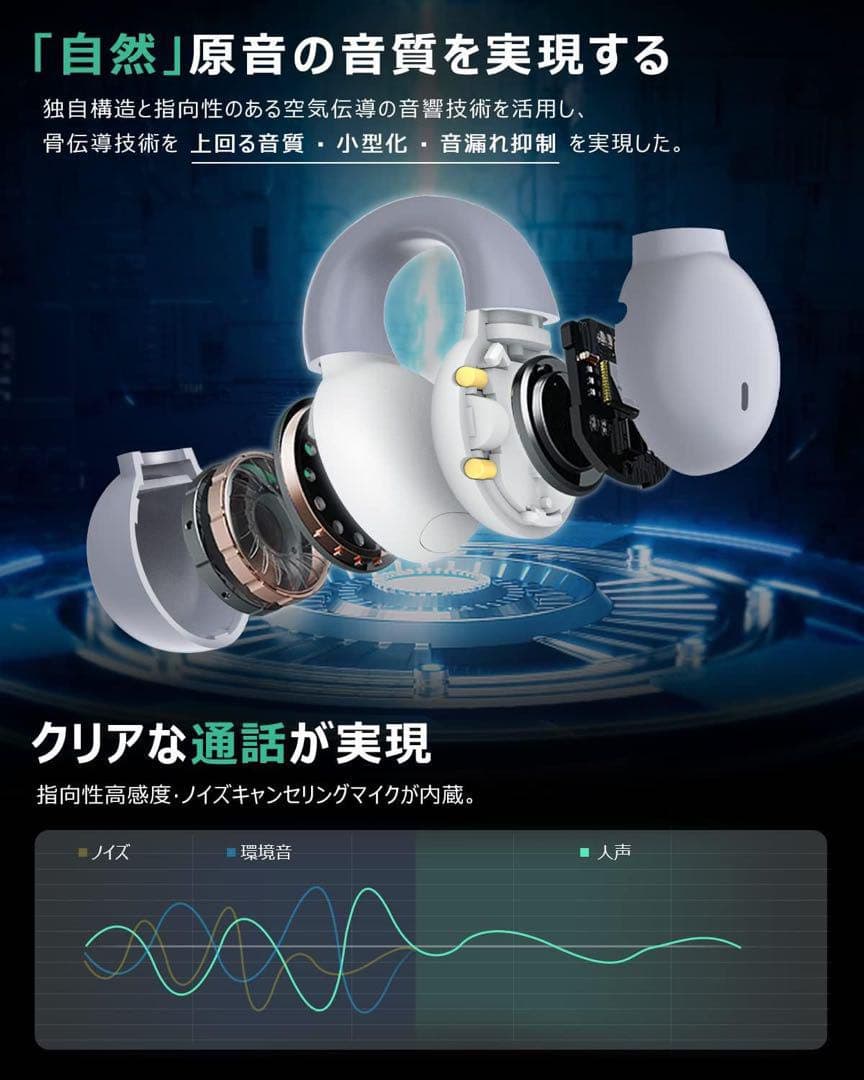 ワイヤレスイヤホン イヤーカフ型 グレー