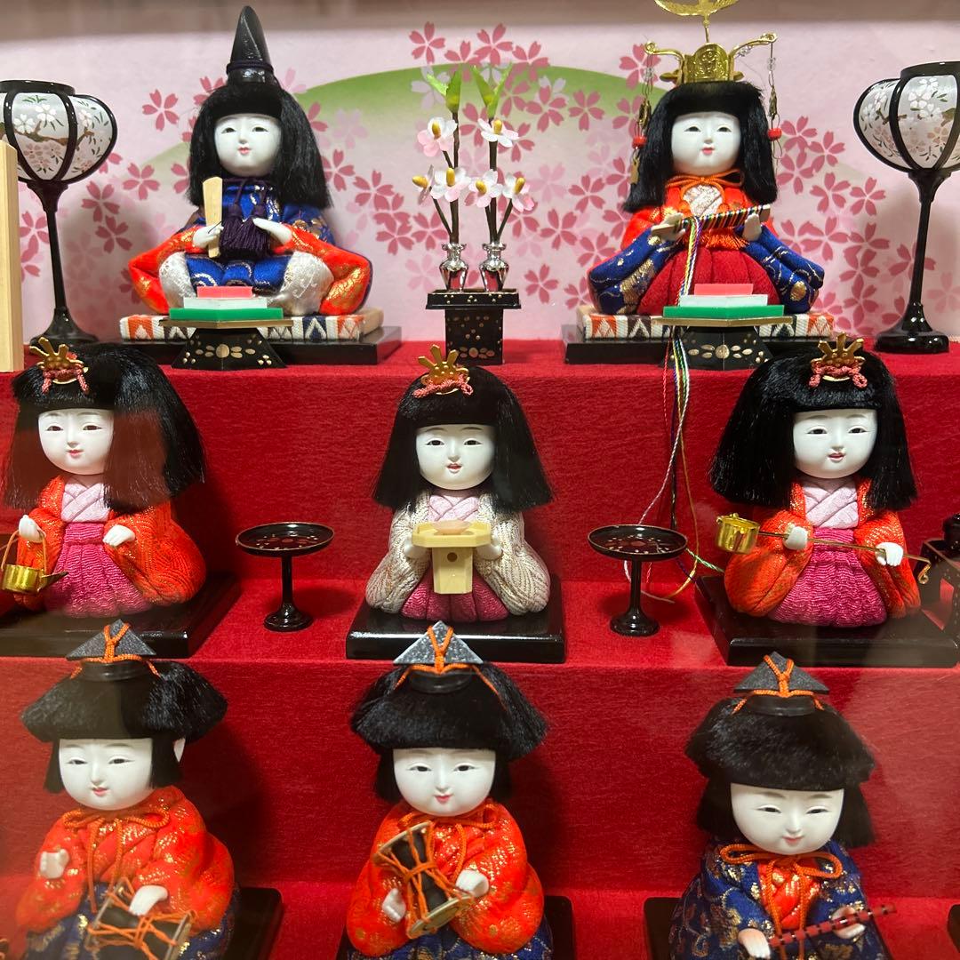 美品　オルゴール付き雛人形　ガラスケース入り　木目込